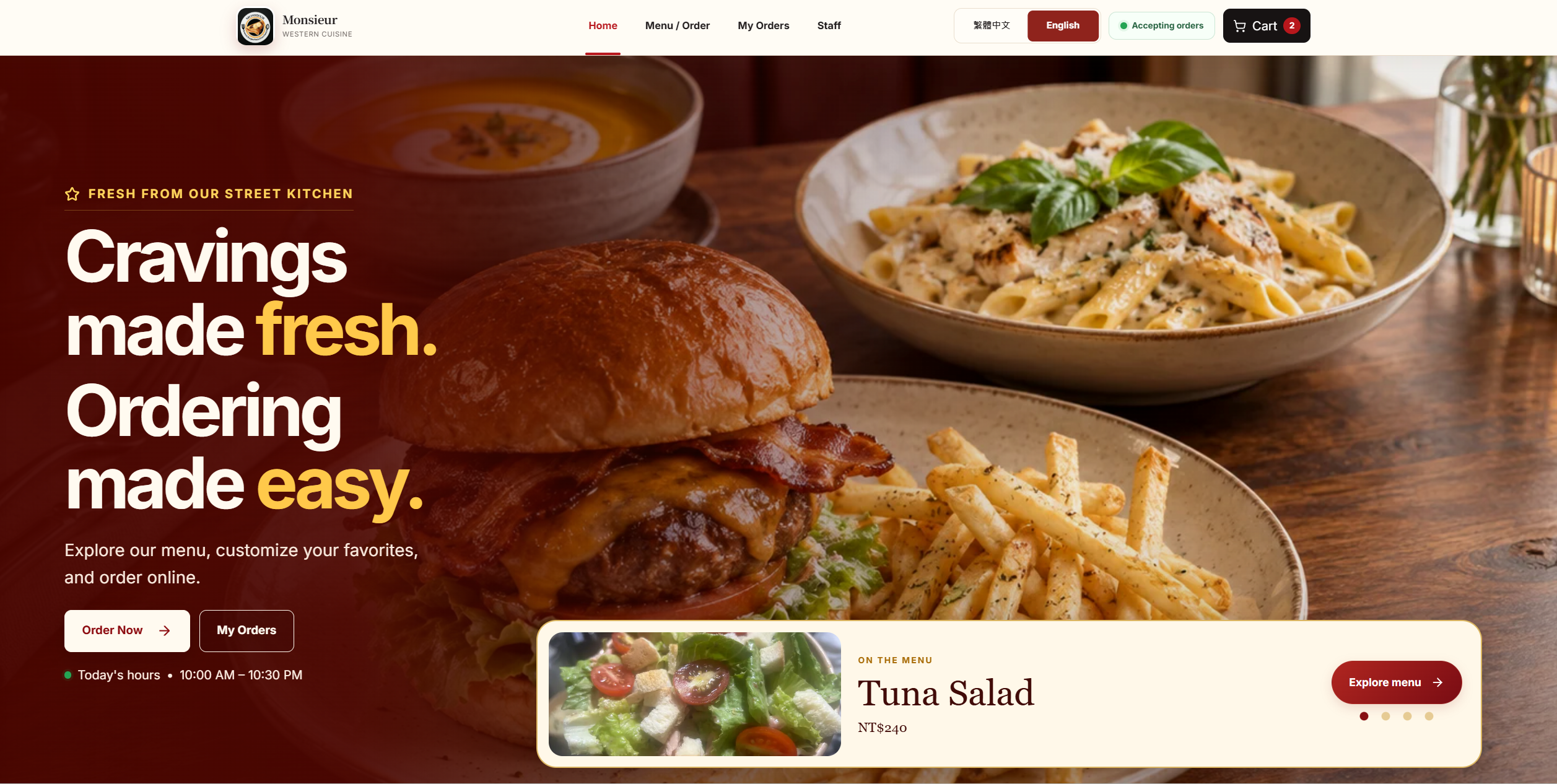 Monsieur ordering website desktop homepage