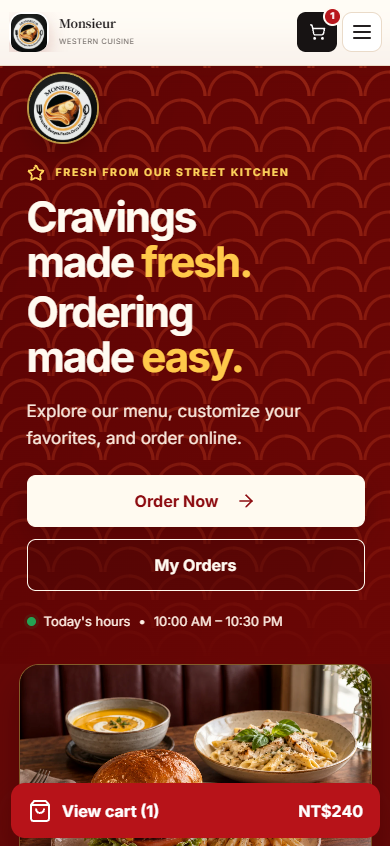 Monsieur ordering website mobile homepage