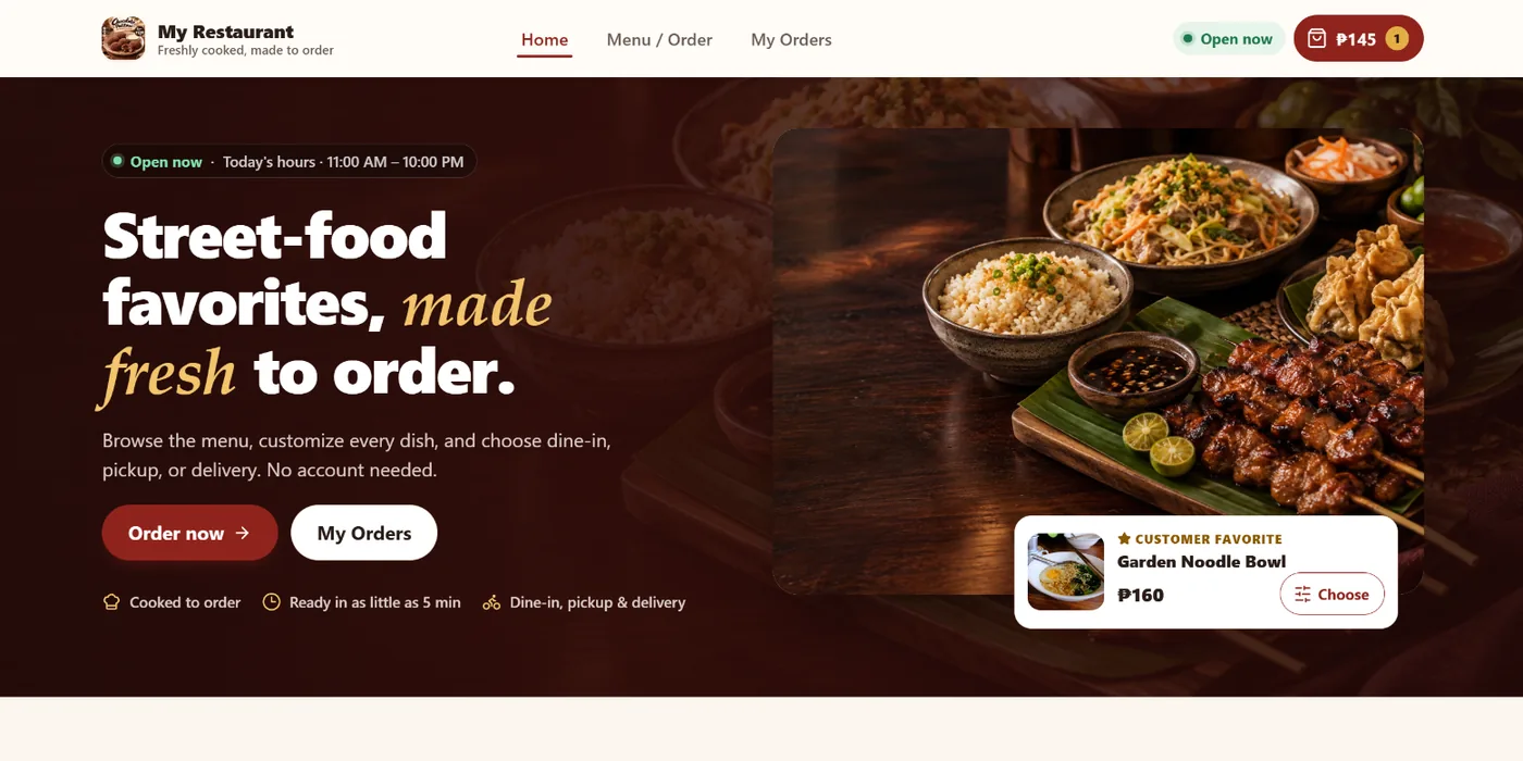 Restaurant storefront on desktop with open-now status, hero photo, and a featured dish