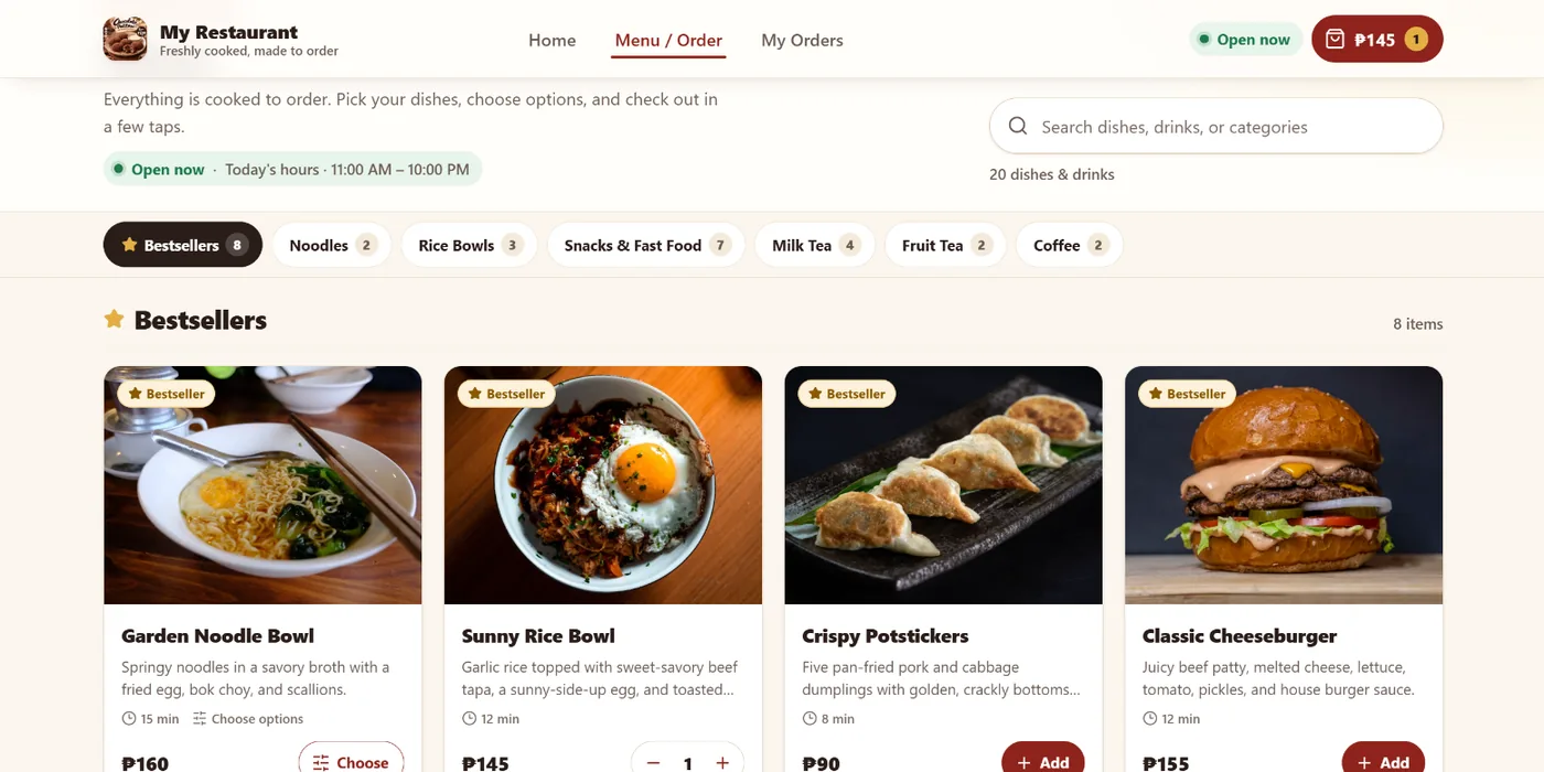 Online menu with bestseller cards, prices, prep times, and add buttons