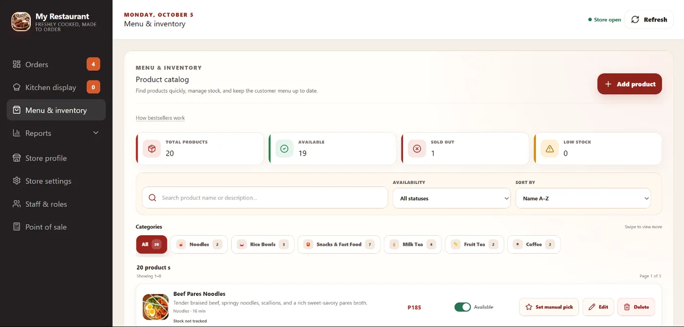 Product catalog with totals, availability, sold out, low stock, and category filters