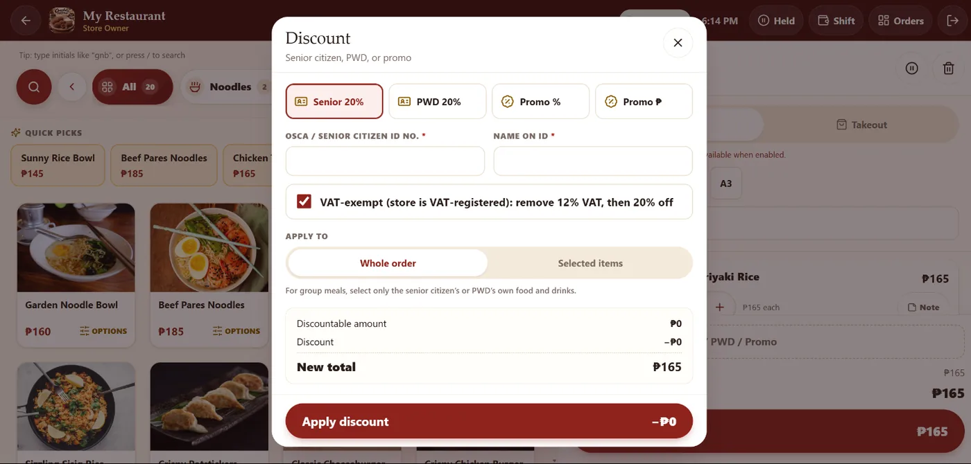 Discount sheet with Senior 20%, PWD 20%, promo options, ID fields, and VAT exemption