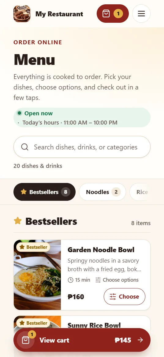 The menu on a phone with categories, bestsellers, and a View cart bar
